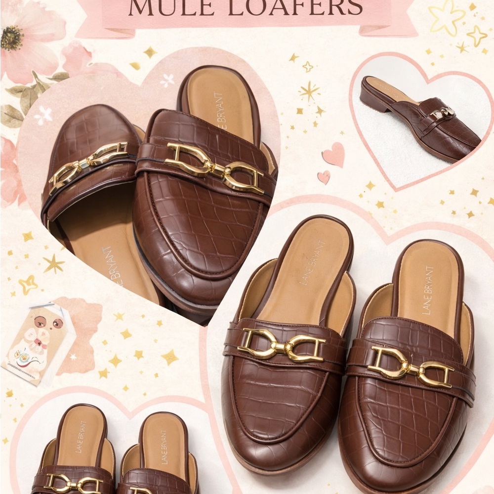 Lane Bryant Chocolate Brown Croc-Embossed Mule Loafers with Gold Chain